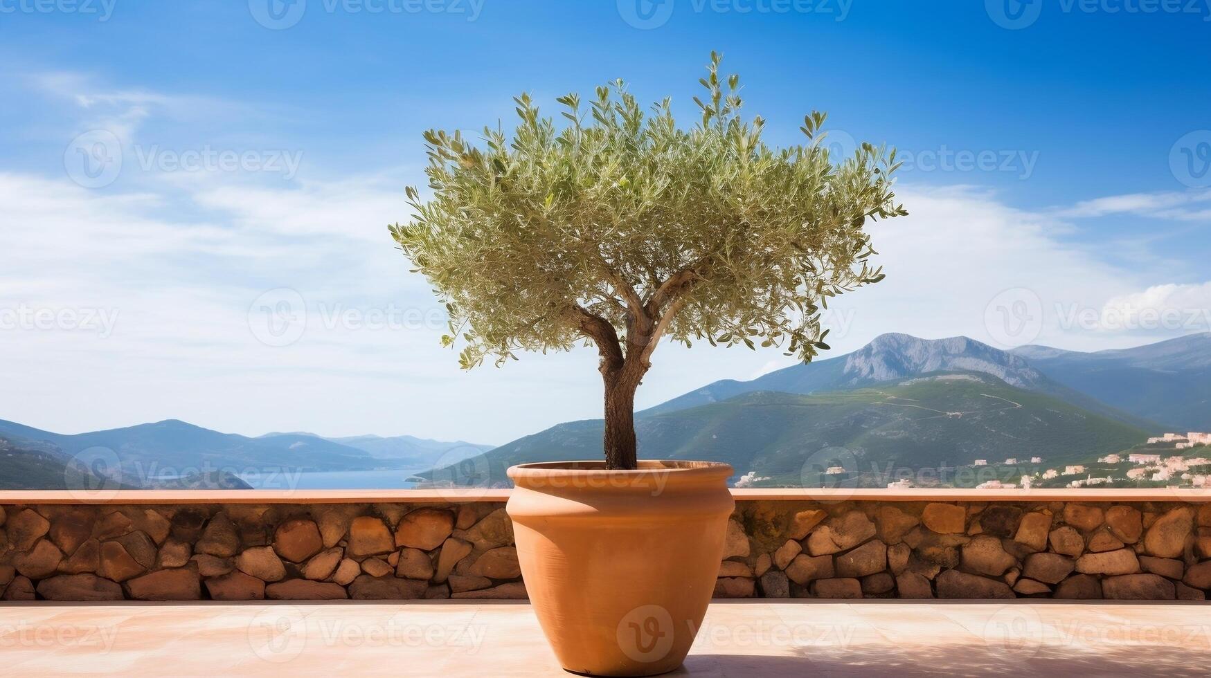 Olive tree in terra cotta clay pot on white terrace under clear blue sky with beautiful mountains view photo