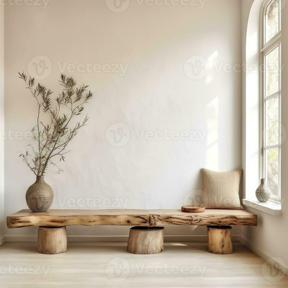 moderno vivo habitación con rústico madera losa en árbol tocones y de madera  banco cerca estuco generativo ai 27074146 Foto de stock en Vecteezy
