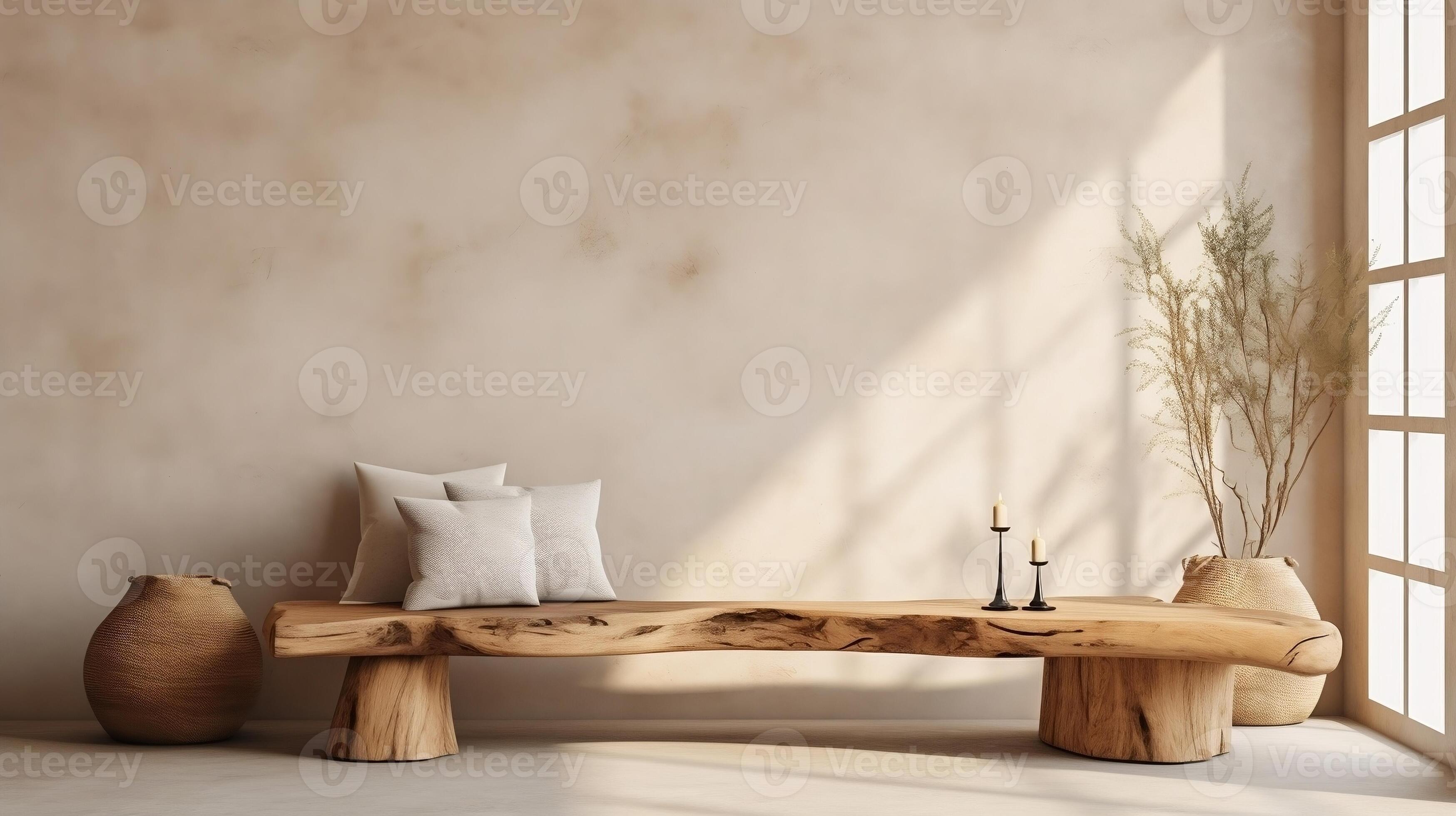 Modern living room with rustic wood slab on tree stumps and wooden