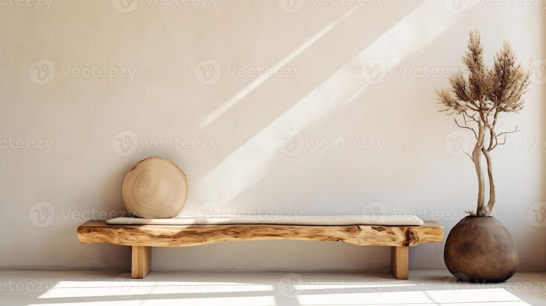 Modern living room with rustic wood slab on tree stumps and wooden