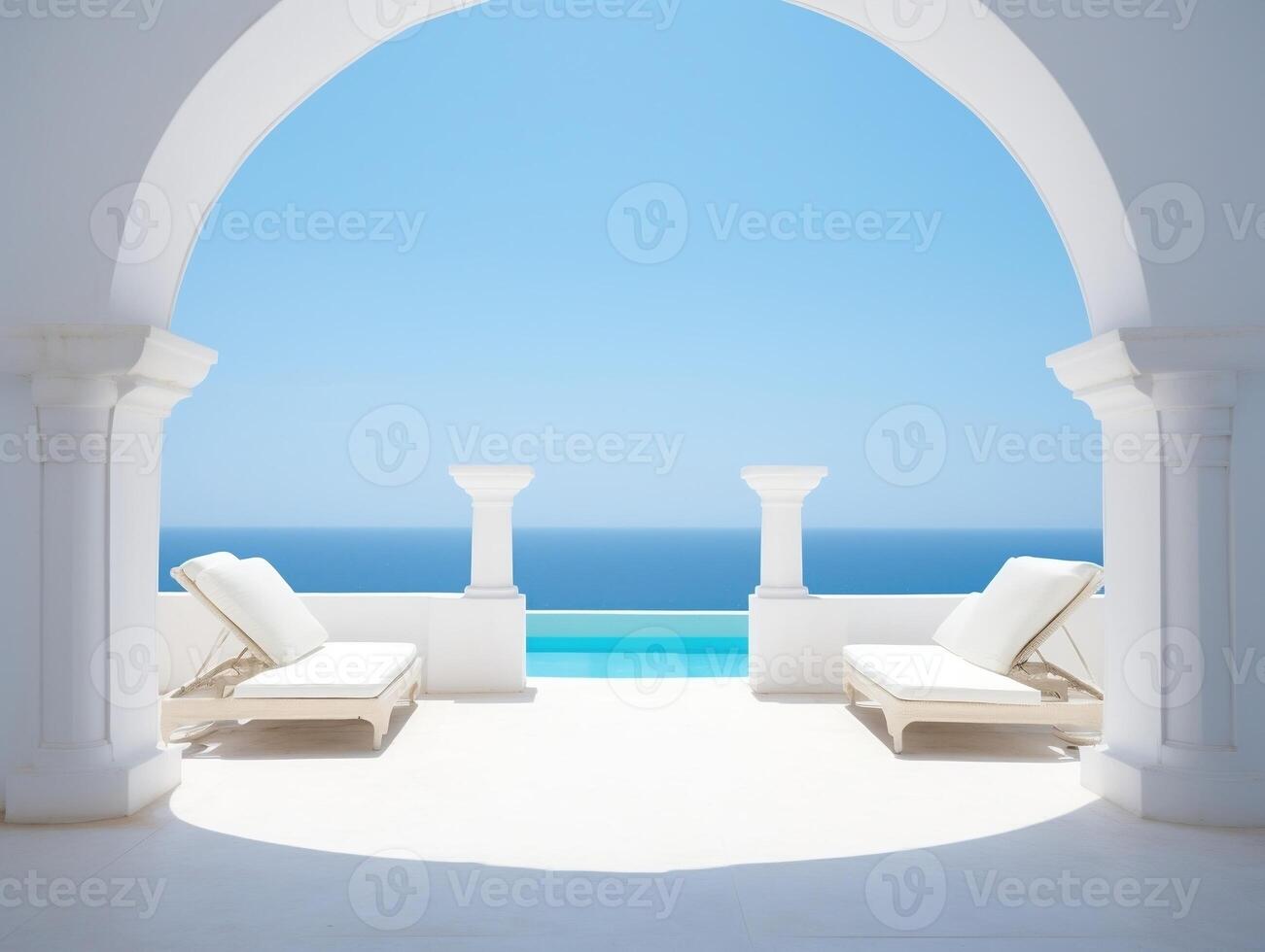 Two sunbeds on the white terrace with an arch under blue clear sky photo
