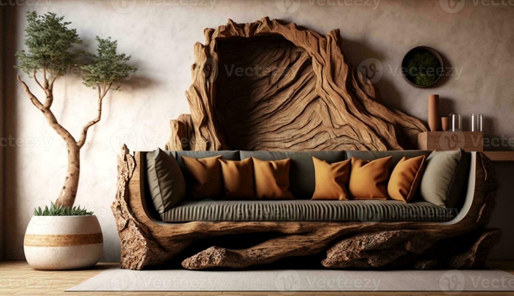 Rustic sofa made from solid wood tree trunk and side table near beige stucco modern living room generative ai photo