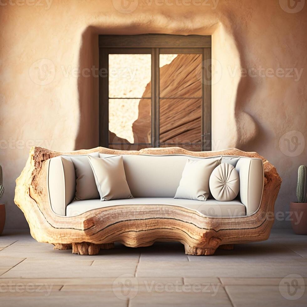 Rustic sofa made from solid wood tree trunk and side table near beige stucco modern living room generative ai photo