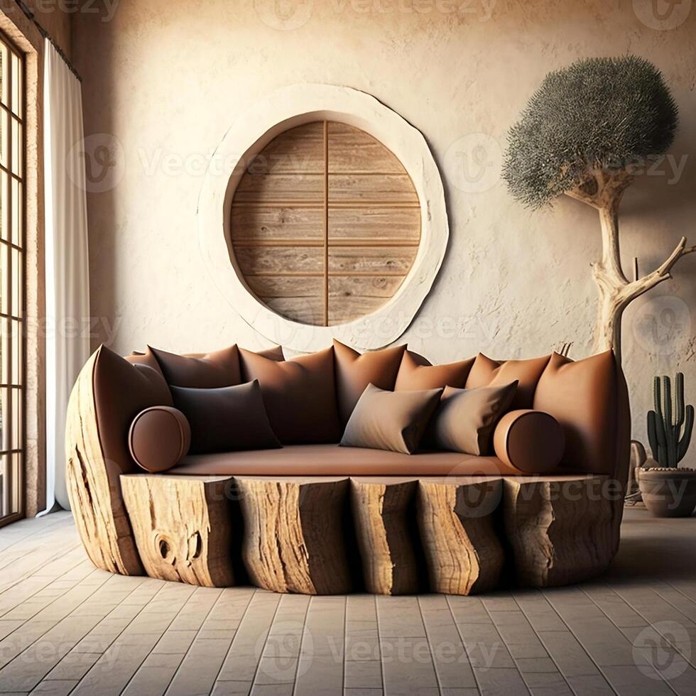 Rustic sofa made from solid wood tree trunk and side table near