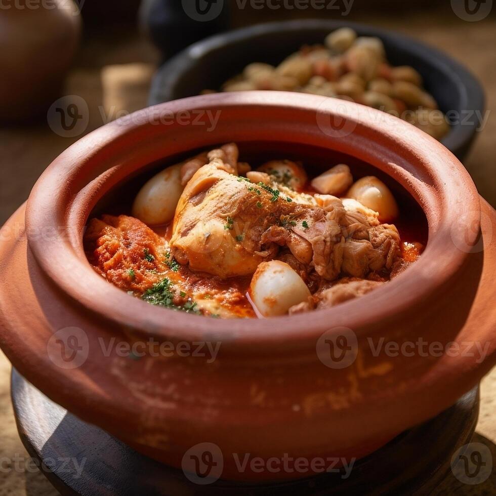 A bowl of food with a red clay pot with a piece of chicken photo