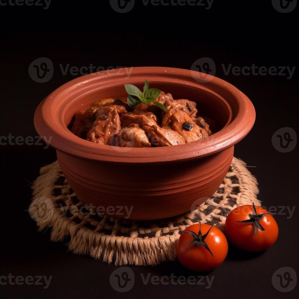 A bowl of food with a red clay pot with a piece of chicken photo