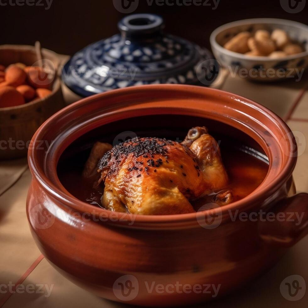 A bowl of food with a red clay pot with a piece of chicken photo