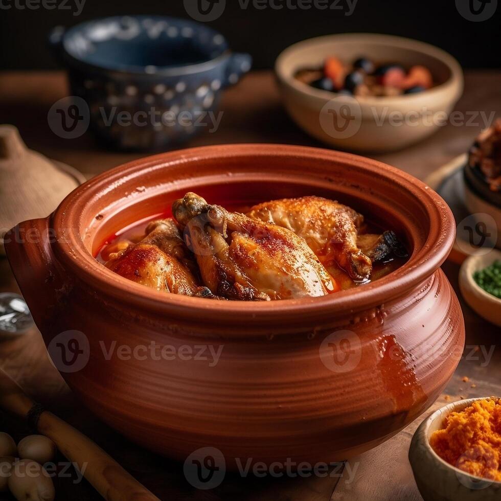 A bowl of food with a red clay pot with a piece of chicken photo