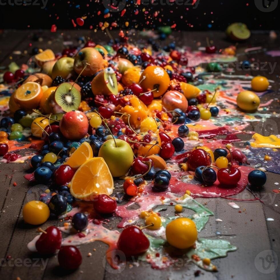Fruit salad spilling on the floor was a mess of vibrant colors and textures photo