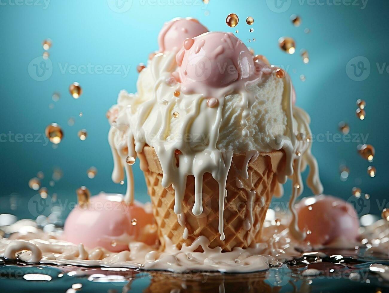 Melting ice cream on a hot summer day with isolated background generative ai photo