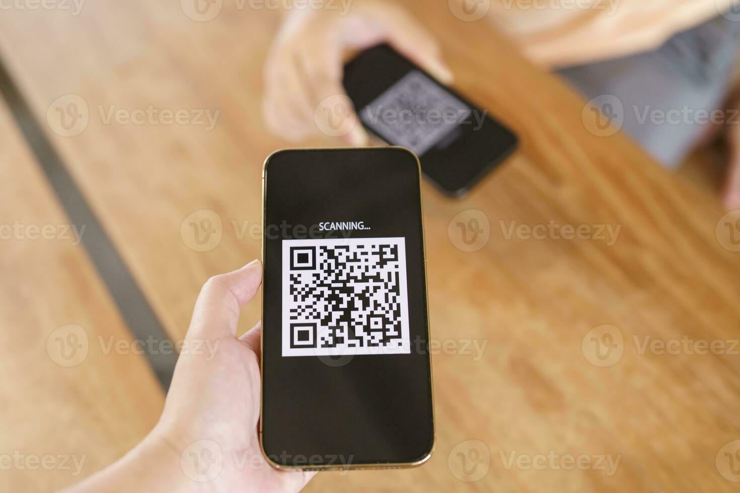 Qr code payment. E wallet. Man scanning tag accepted generate digital pay without money.scanning QR code online shopping cashless payment and verification technology concept. photo