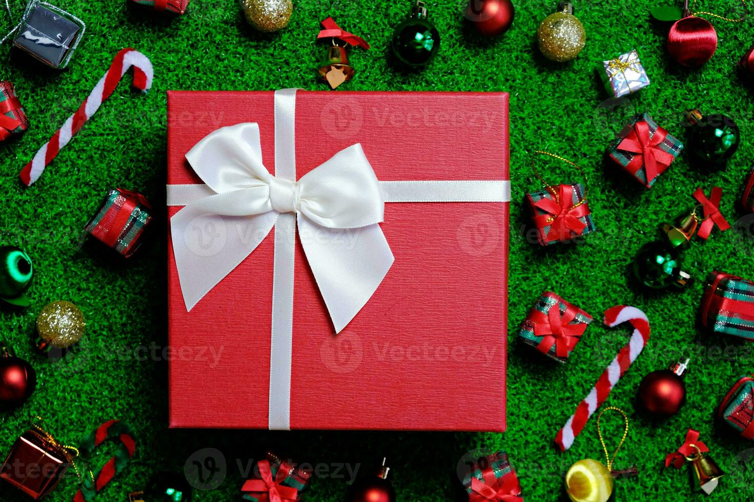 Christmas background with fir tree and decor. Top view Flat lay with copy space. photo