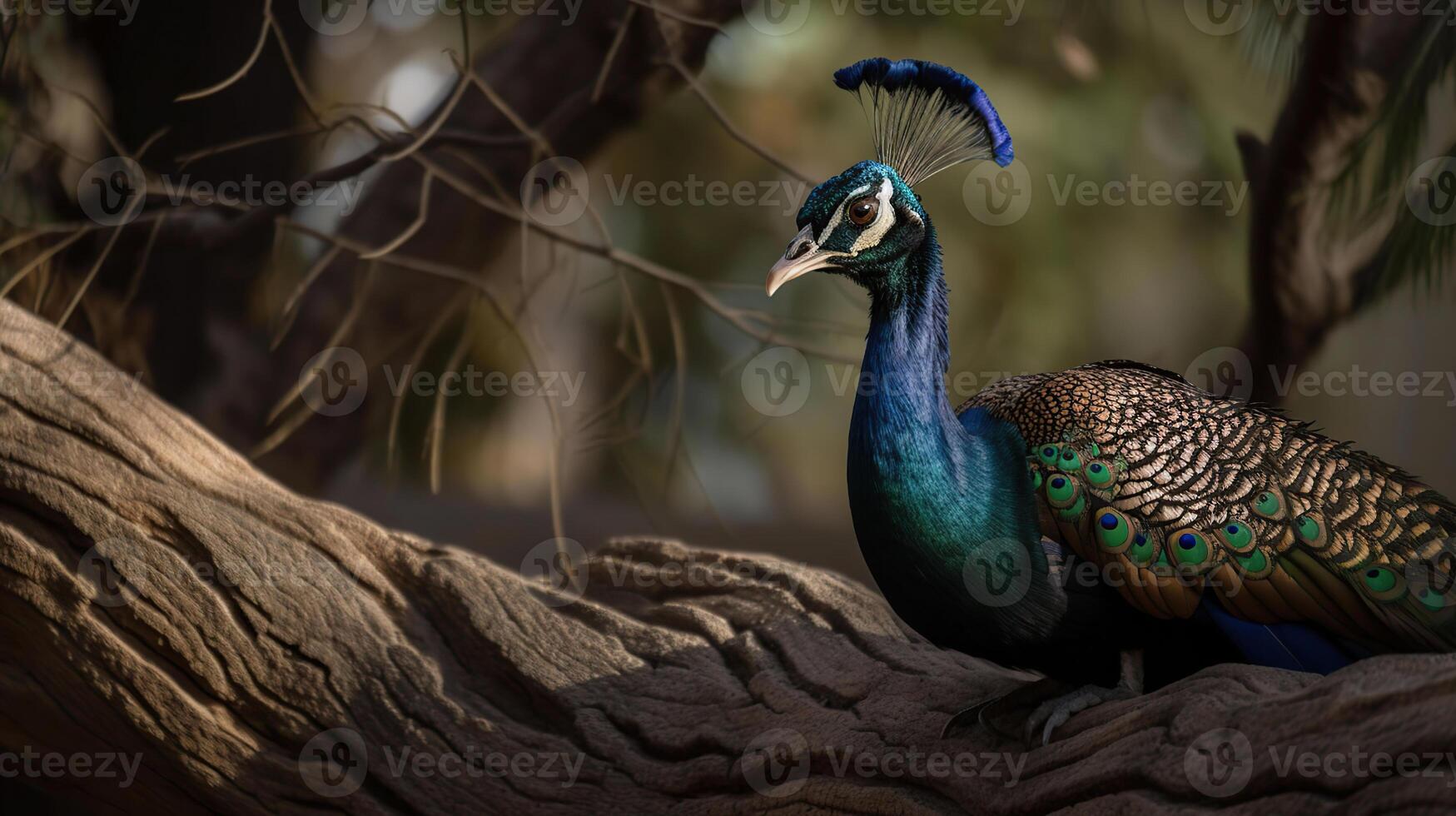 Beautiful peacock sitting on a tree with open feathers, photo