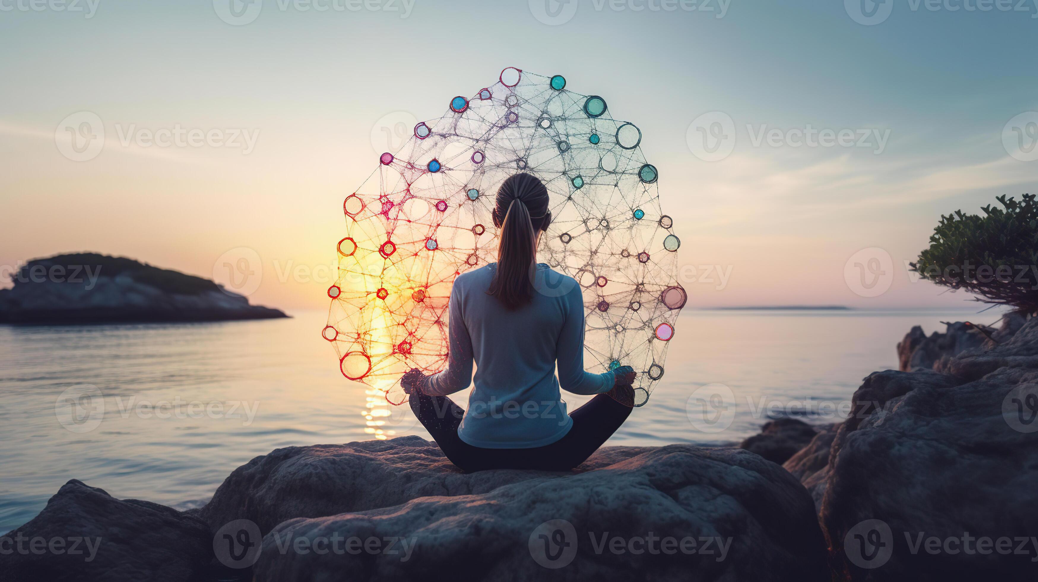 Seven Chakras, One Serene Mind A Woman's Meditation Practice by the Beach, illustration