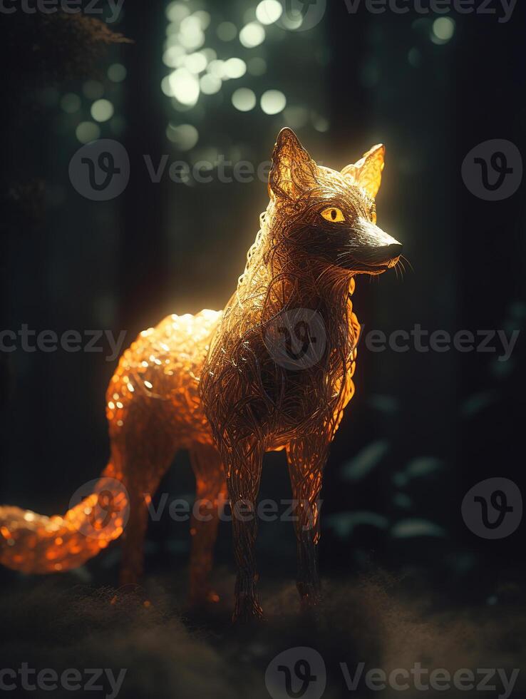 Magic fox with transparent glowing shining body in a dark ominous forest, magic glow and shine, illustration, photo