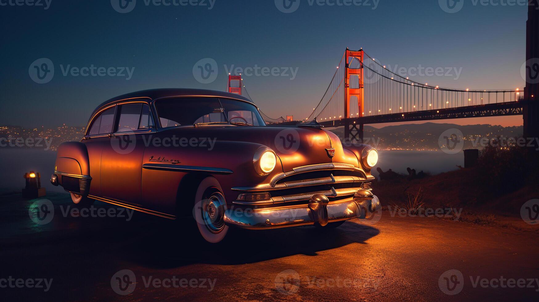 lowrider con personalizado pintar trabajo, la vida nocturna, y neón conducción mediante san francisco dorado portón puente, amplio punto de vista, generativo ai foto