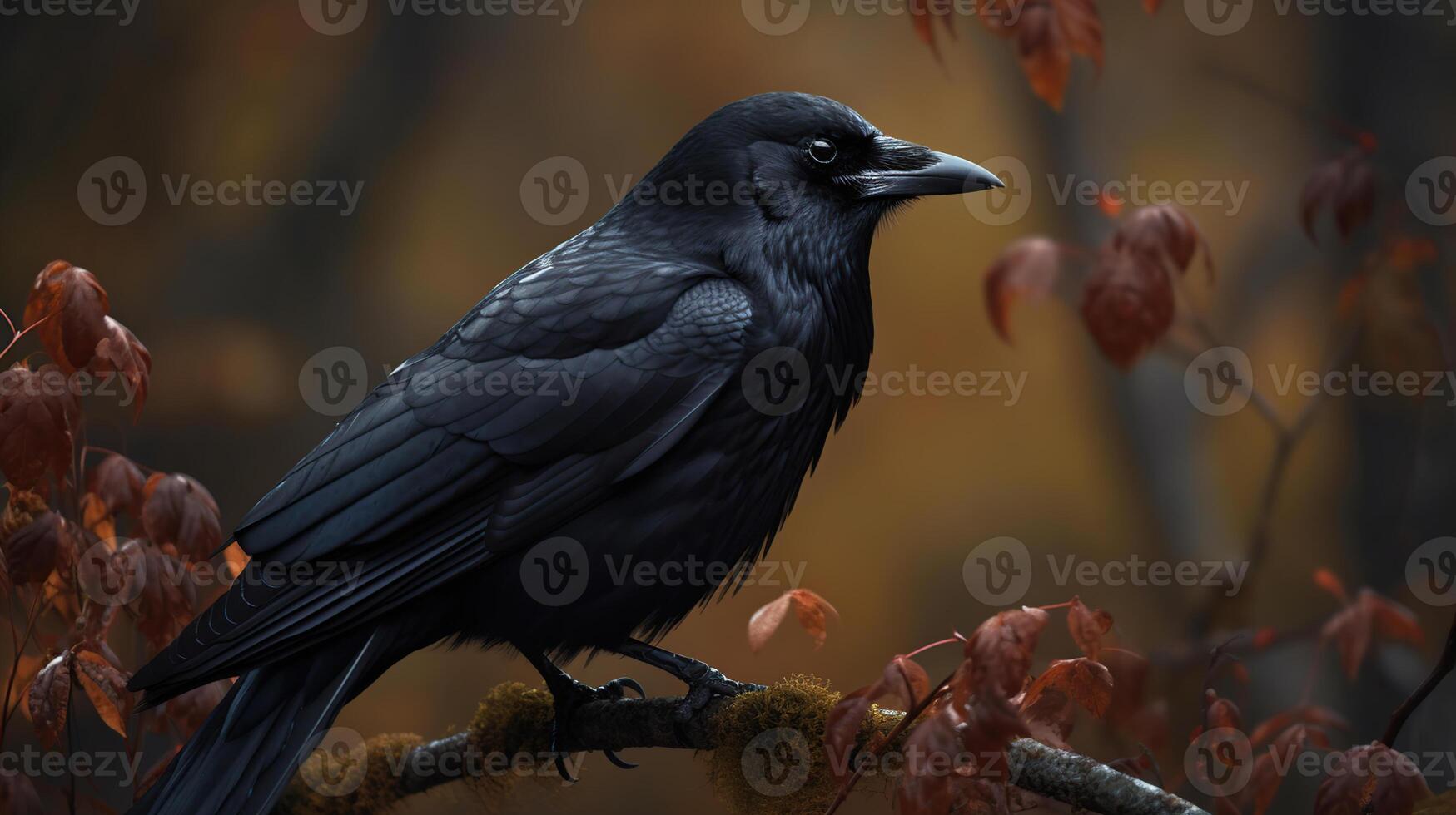 The beautiful black crow sat perched on a tree branch, its keen eyes scanning the ground below in search of food, photo