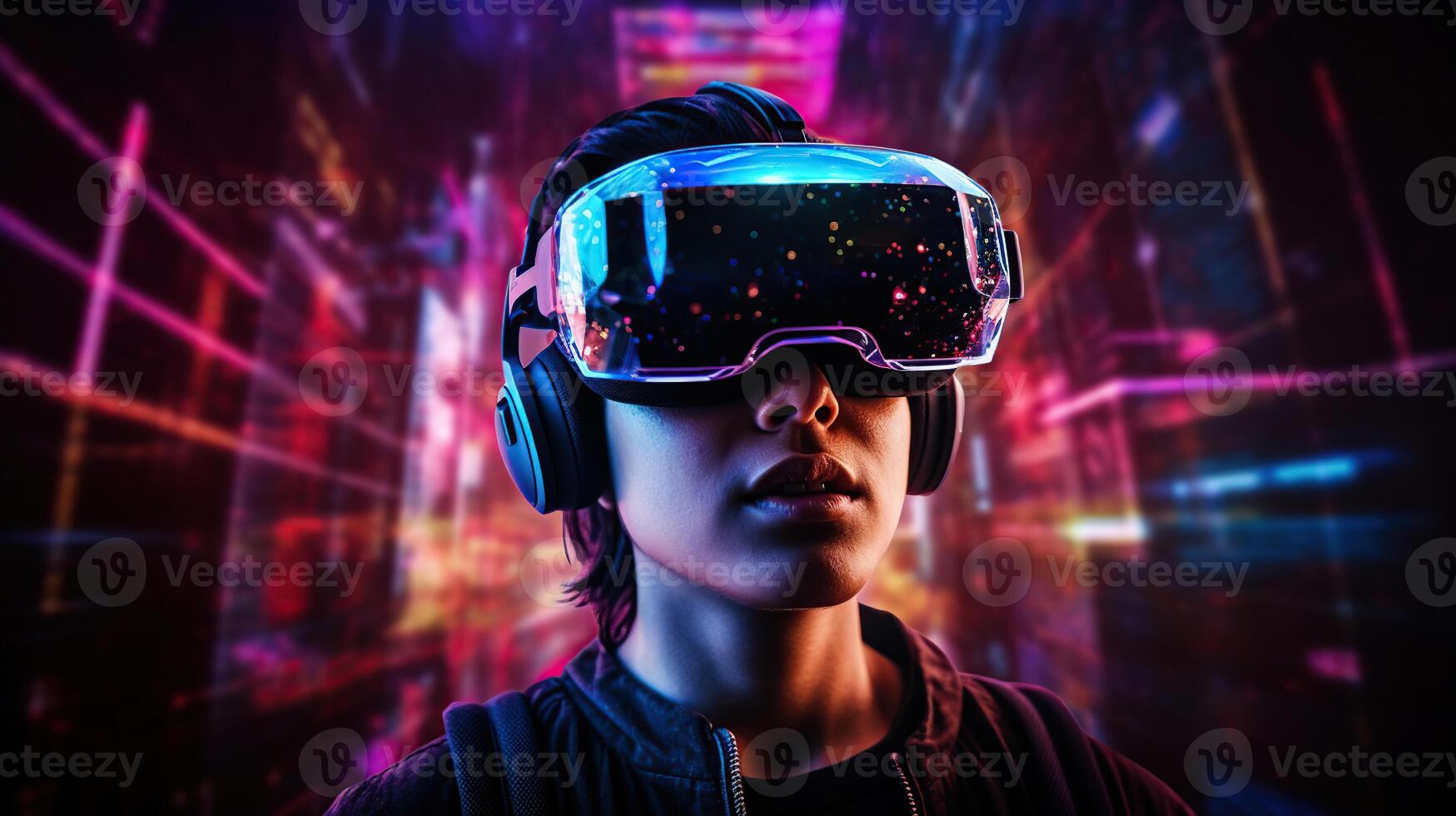 Premium AI Image  A futuristic PC gamer busy in a virtual reality world  surrounded by neon lights advanced technology
