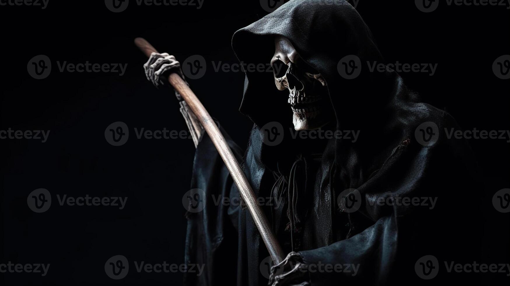 Grim reaper reaching towards the camera over dark background, photo
