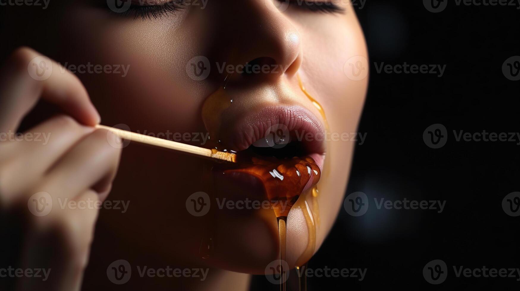 Honey dripping from honey dipper on girl lips. Thick honey dipping from the wooden honey spoon. Beauty model woman open mouth, model eating nectar. Healthy food concept, diet, dessert, photo
