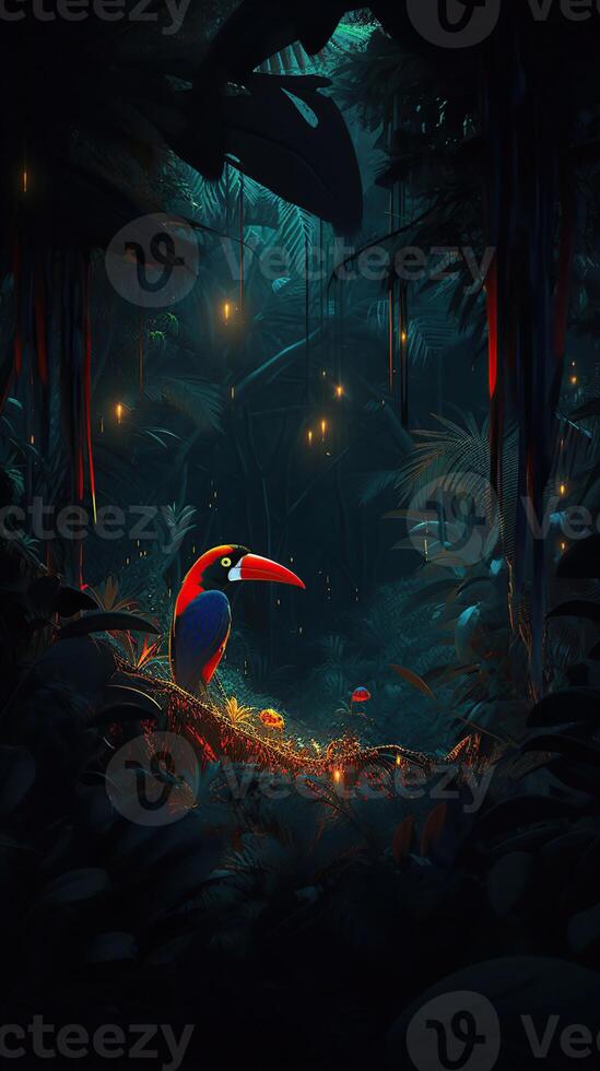 Orange beak toucan in a dark night forest with with red neon light, photo