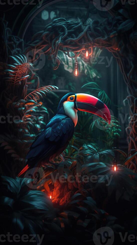 A Dark night forest with orange beak toucan with red neon light, photo