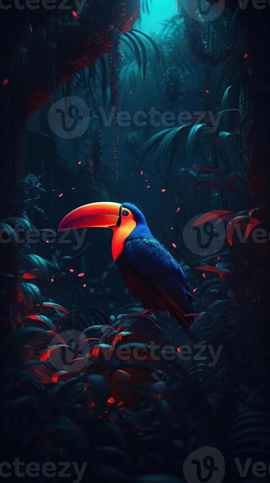 Orange beak toucan in a dark night forest with with red neon light, photo