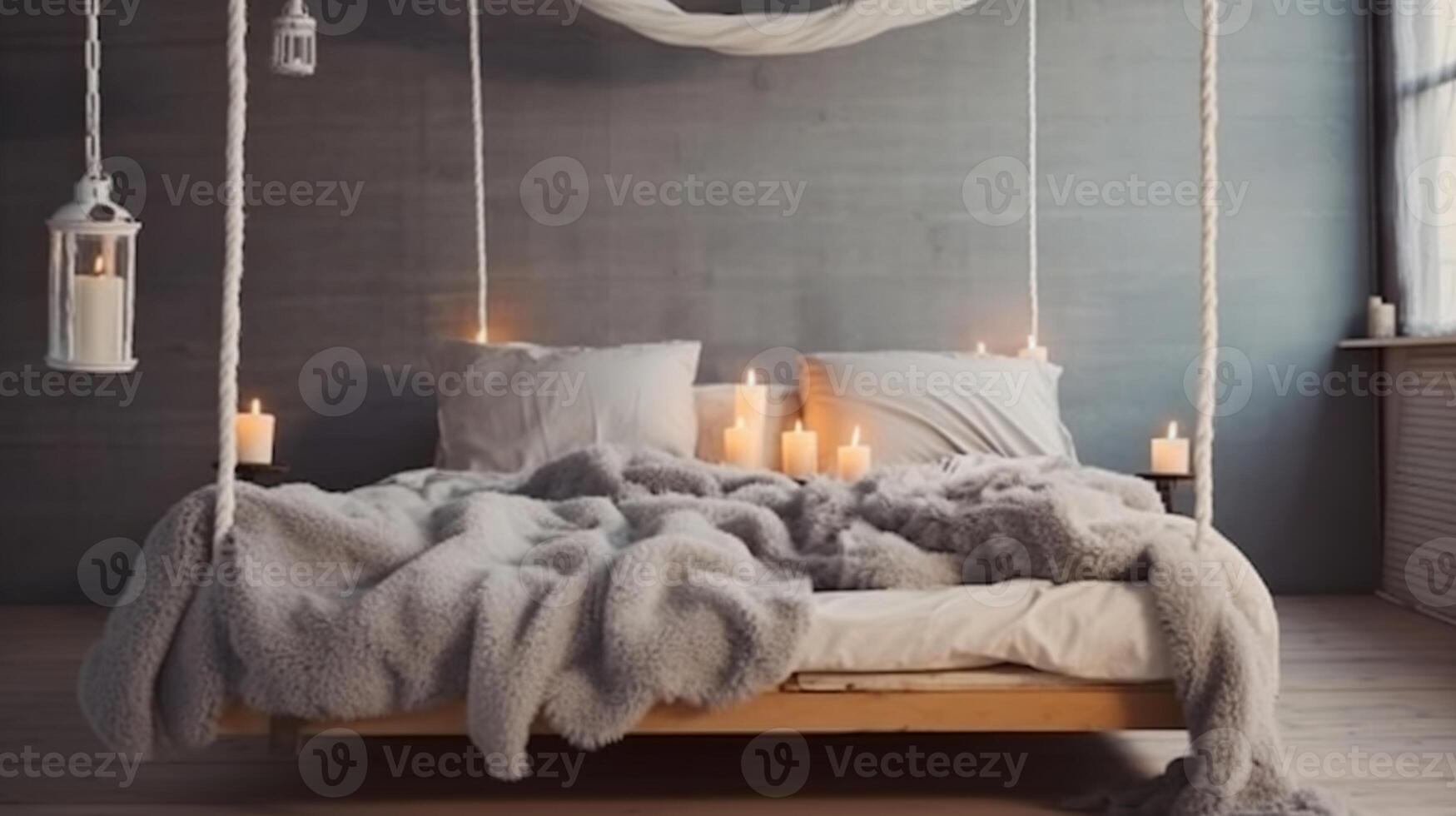 Cozy Bed Suspended from the Ceiling, Adorned with a Grey Big Knit Blanket, Candles, and Scandinavian Style. photo