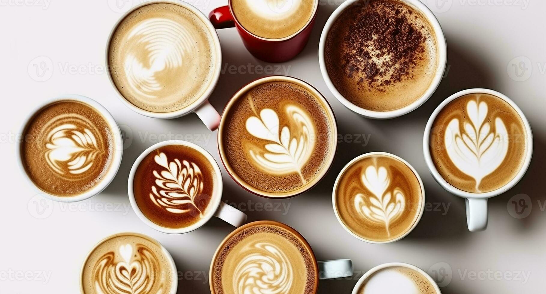 Buch of coffee cups with different kind of beverage and different latte art foam designs. Top view, close up, copy space, Generative AI photo