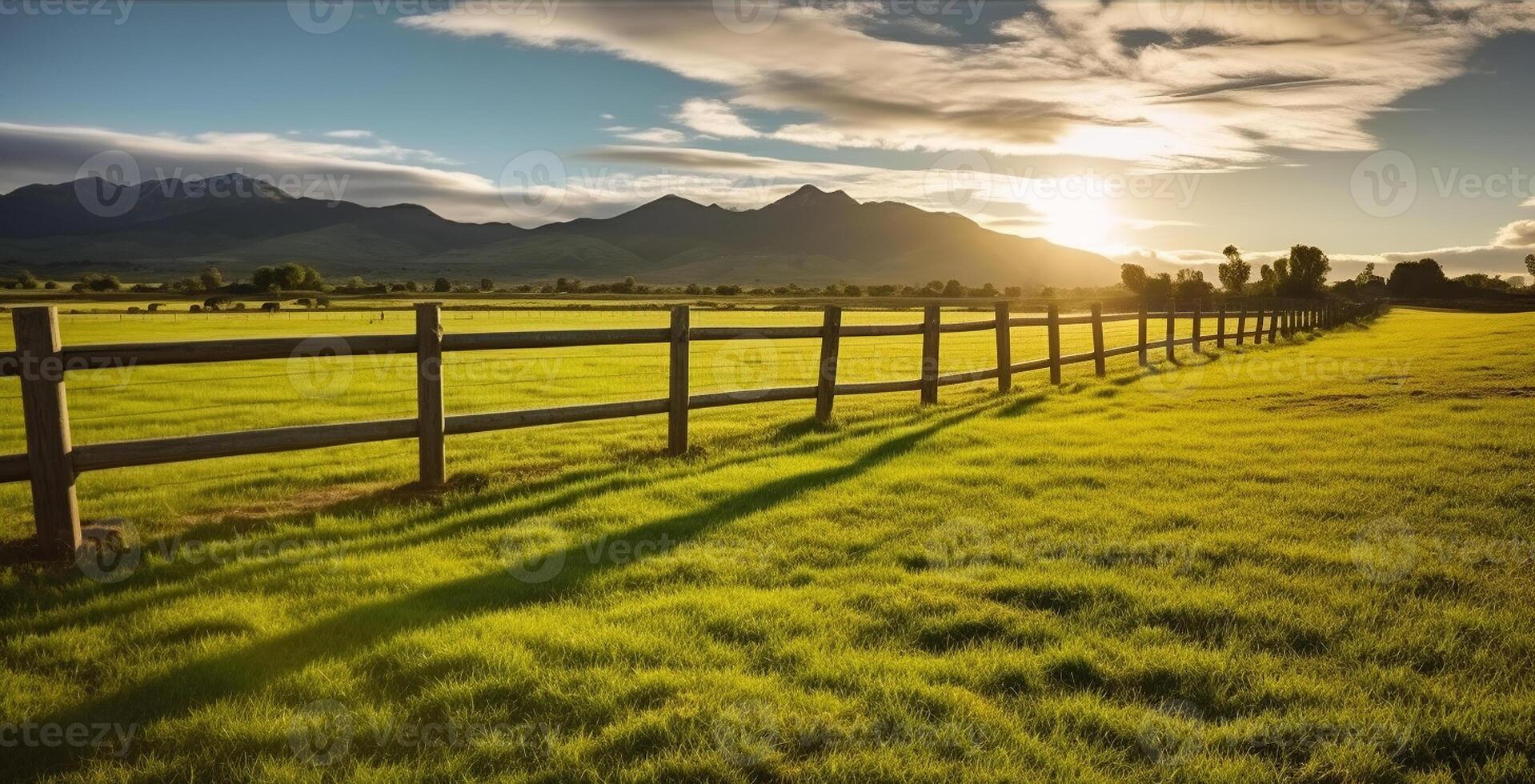 Green grass field, wooden Fence and mountain on horizon at summer morning. photo