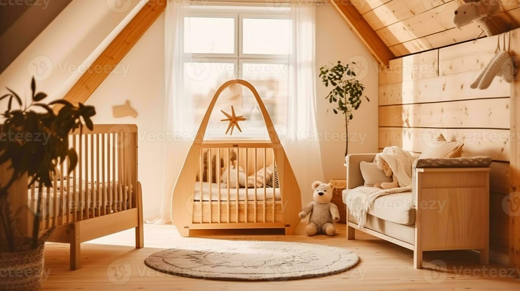 ligero marrón infantil habitación con de madera vacío cuna