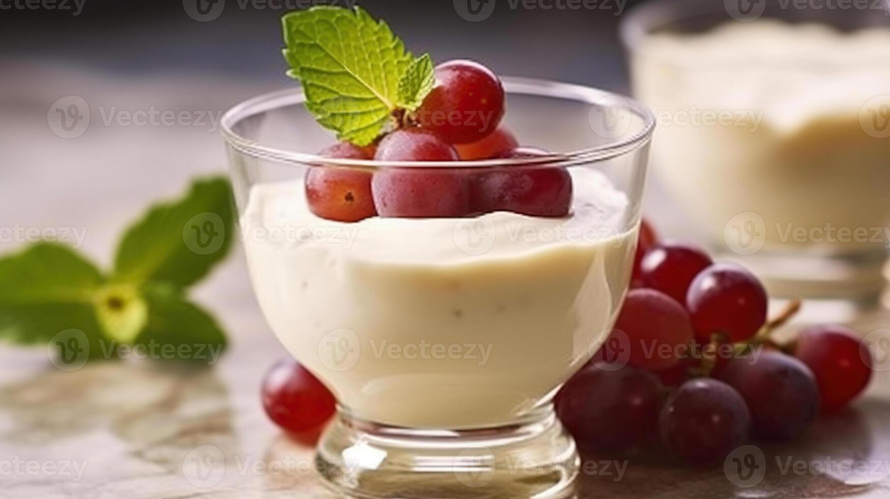Panna Cotta Sweet Grape Dessert Classic Refreshing. Delicious Vanilla Cooked Cream Yogurt with Fruit Thickened with Gelatin and Molded Decorated Vine Green Leaves. photo
