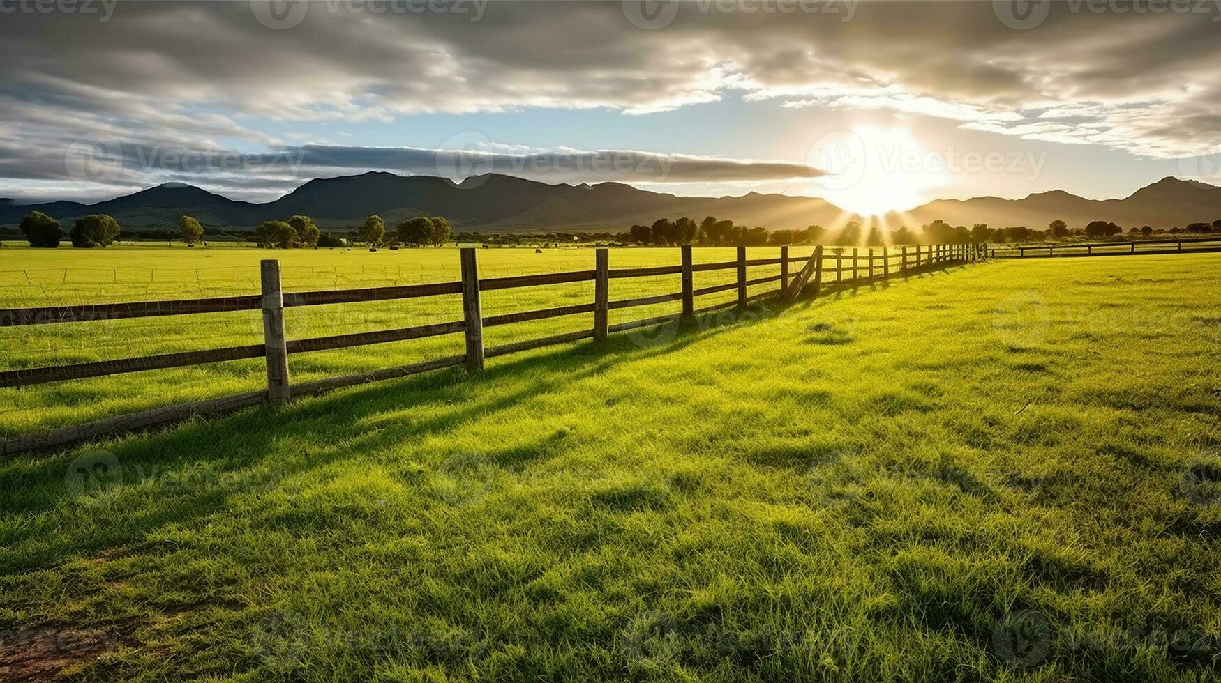 Green grass field, wooden Fence and mountain on horizon at summer morning. American spring sunrise. Generative AI photo