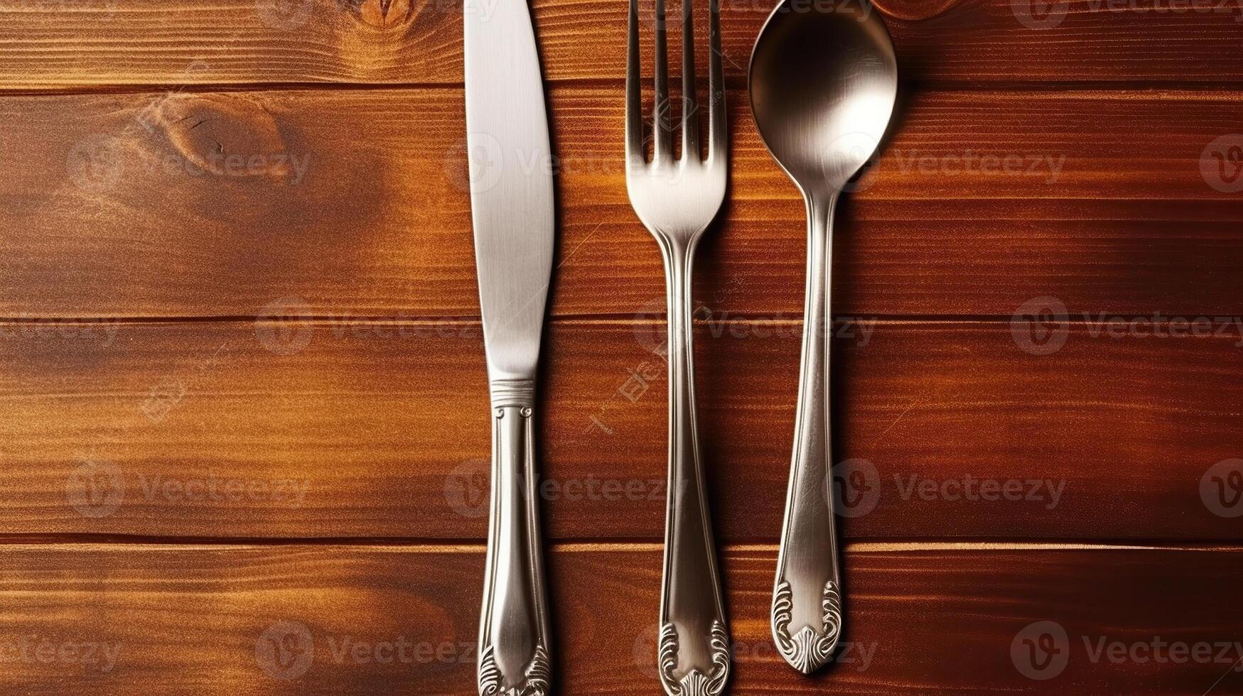 Top view of vintage silver knife and fork on brown wooden textured table. Classic table setting concept. Copy space for text, photo