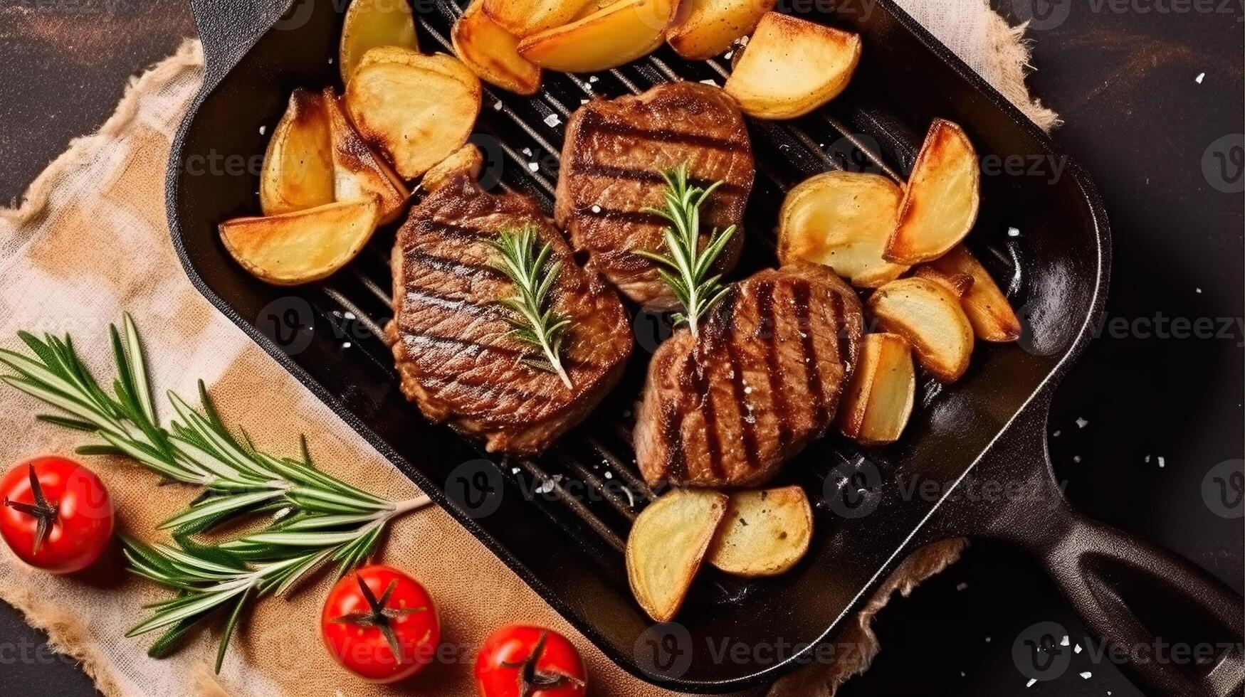 Pork Fillet Fried on Skillet for Dinner with Rosemary, Garlic and Salt. Grill Juicy Meat Top Down View. photo