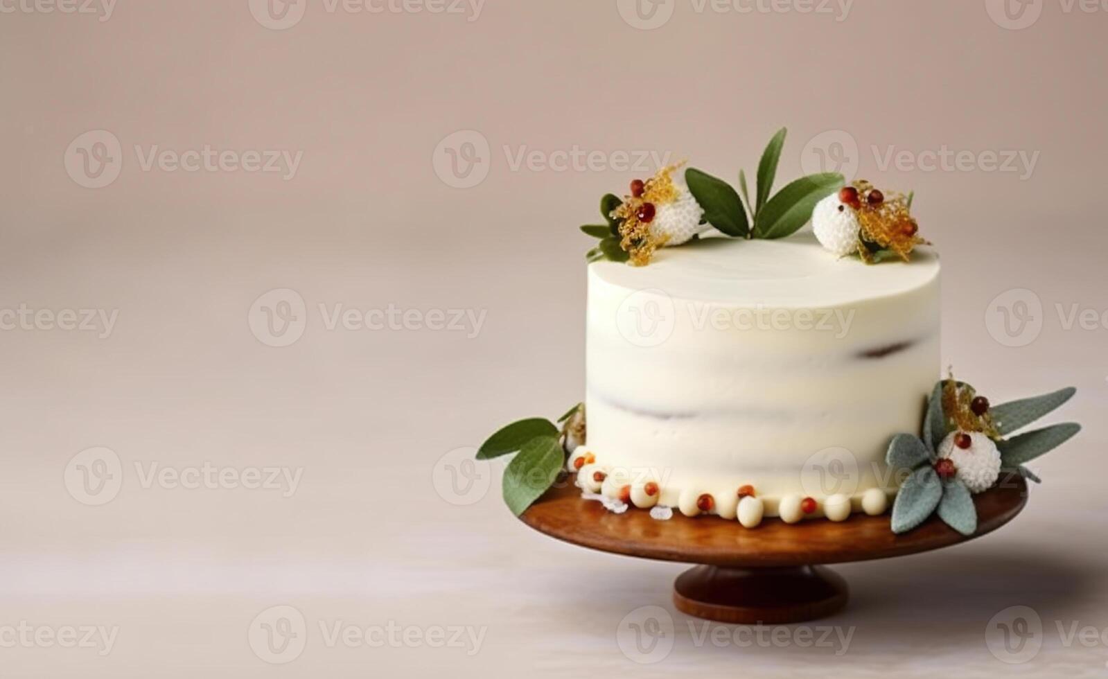 Minimalist single tier wedding cake with white icing and decoration. top view. photo