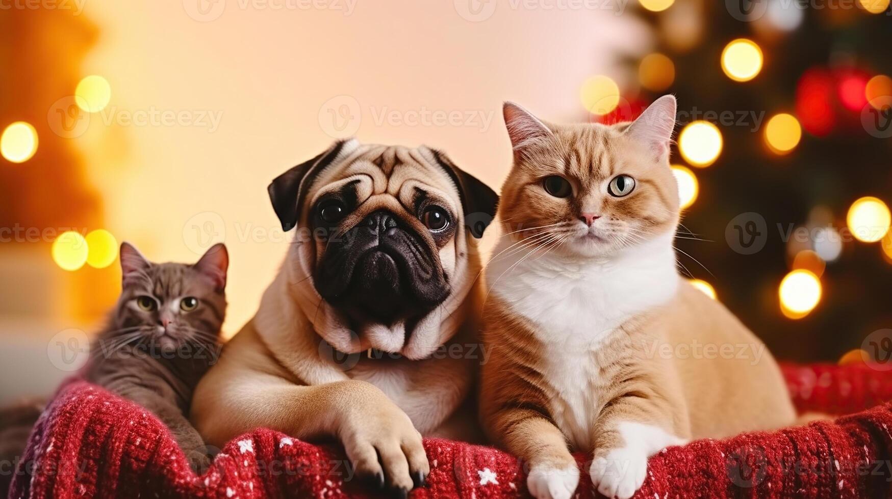 Beautiful red british shorthair cat and adorable pug with their owner over the christmas tree and festive decor. Portrait of beloved pets at home, pine tree, bokeh effect lights. photo