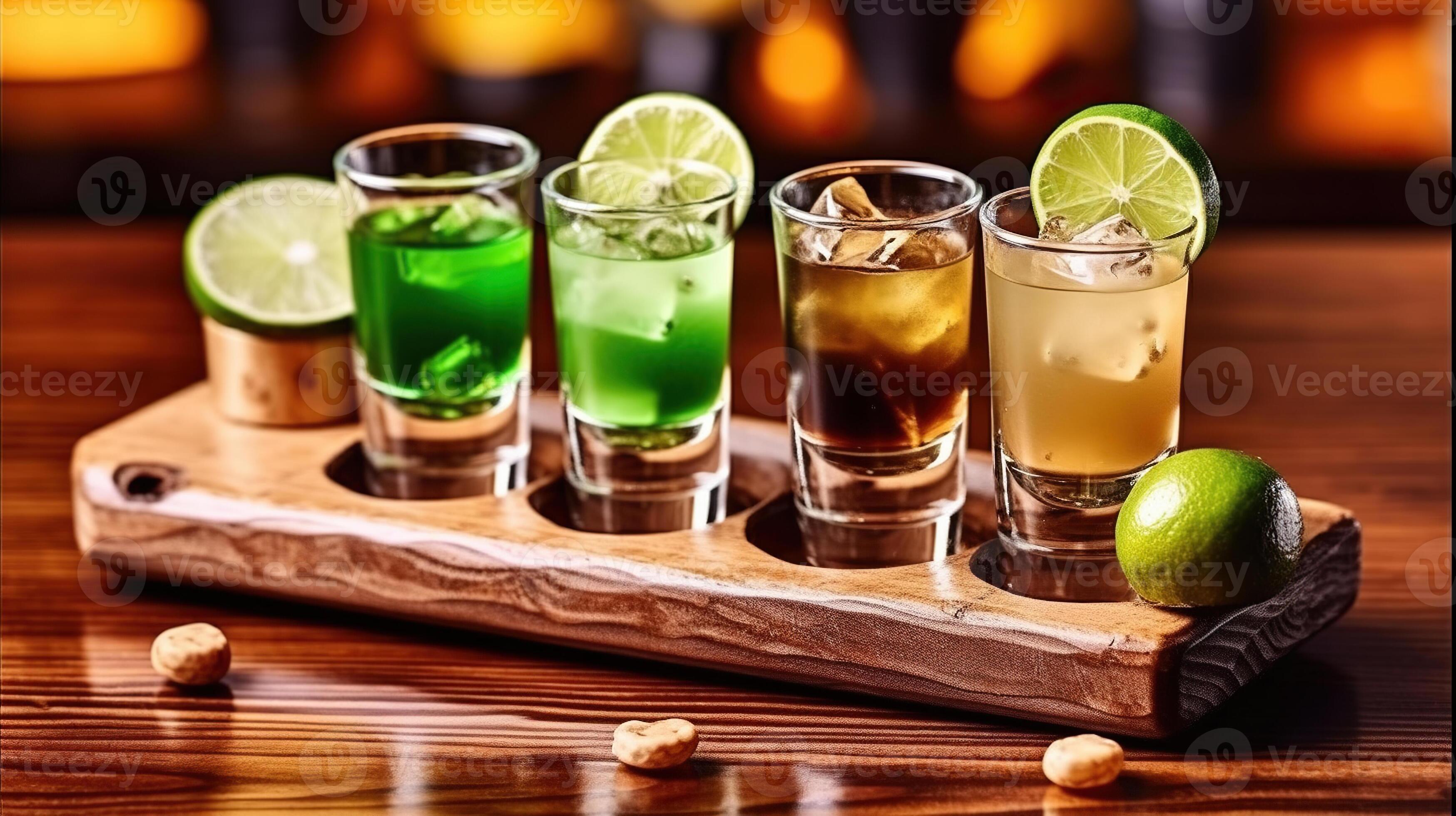 High Glasses with Cocktail B55 Green Mexican Set. Layer Beverage with