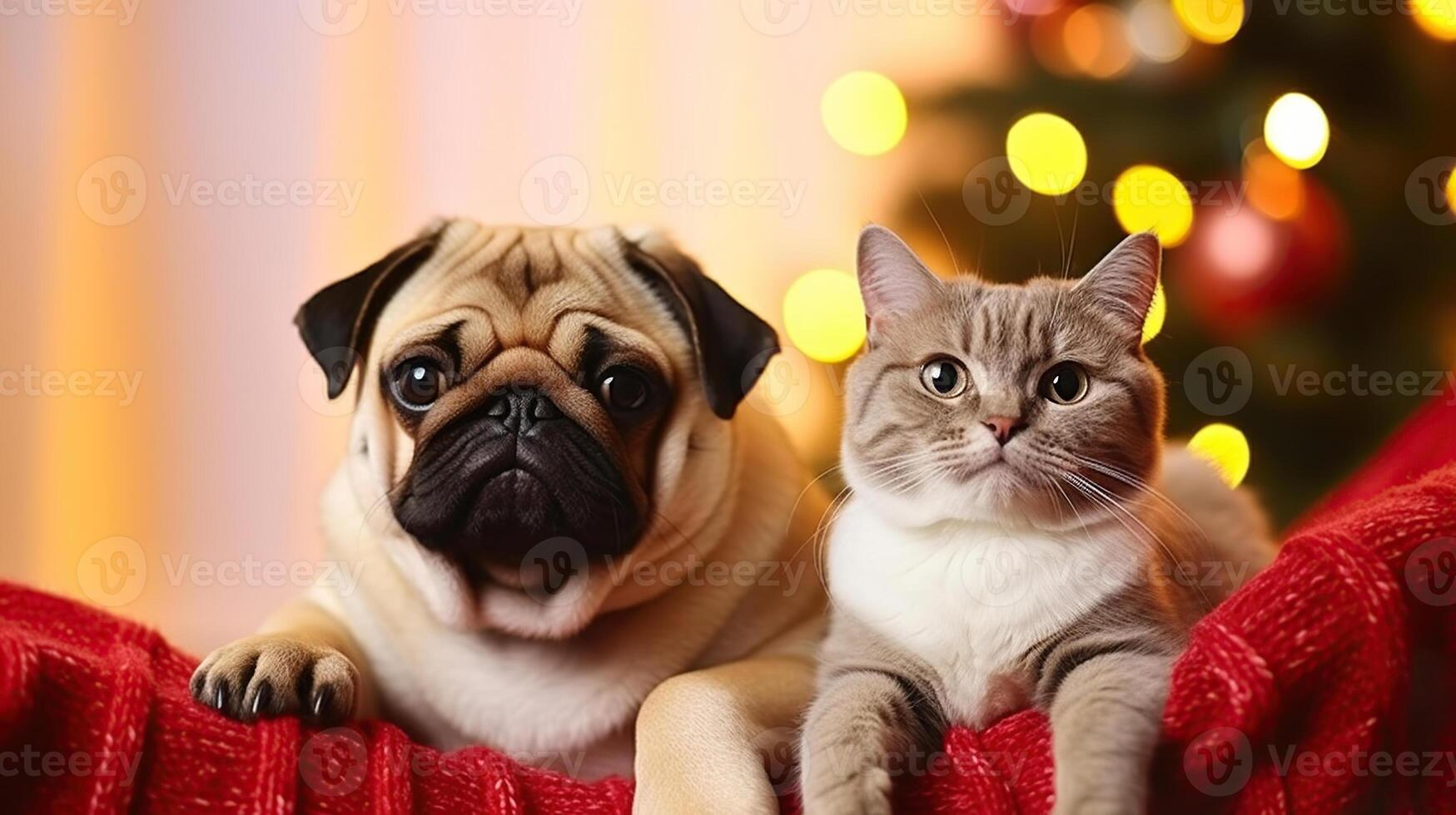 Beautiful red british shorthair cat and adorable pug with their owner over the christmas tree and festive decor. Portrait of beloved pets at home, pine tree, bokeh effect lights. photo