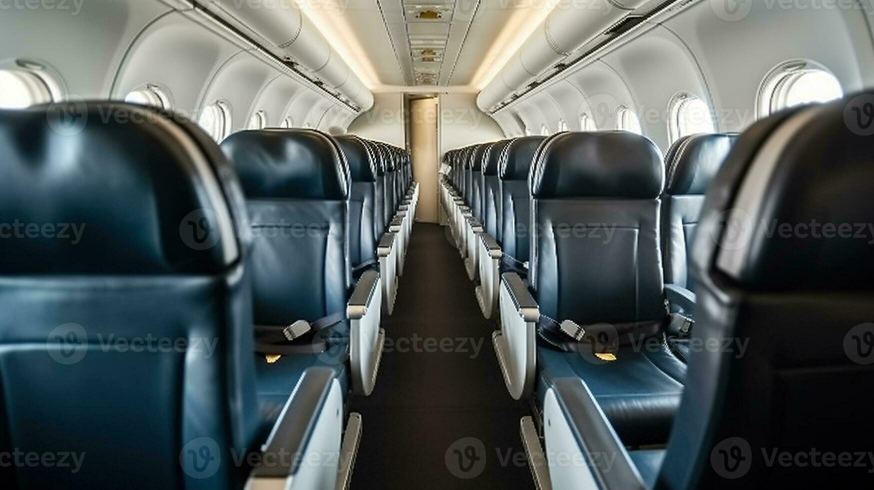 Rows of black leather seats and porthole windows in commercial aircraft cabin. Economy class chairs of airplane. Generative AI photo