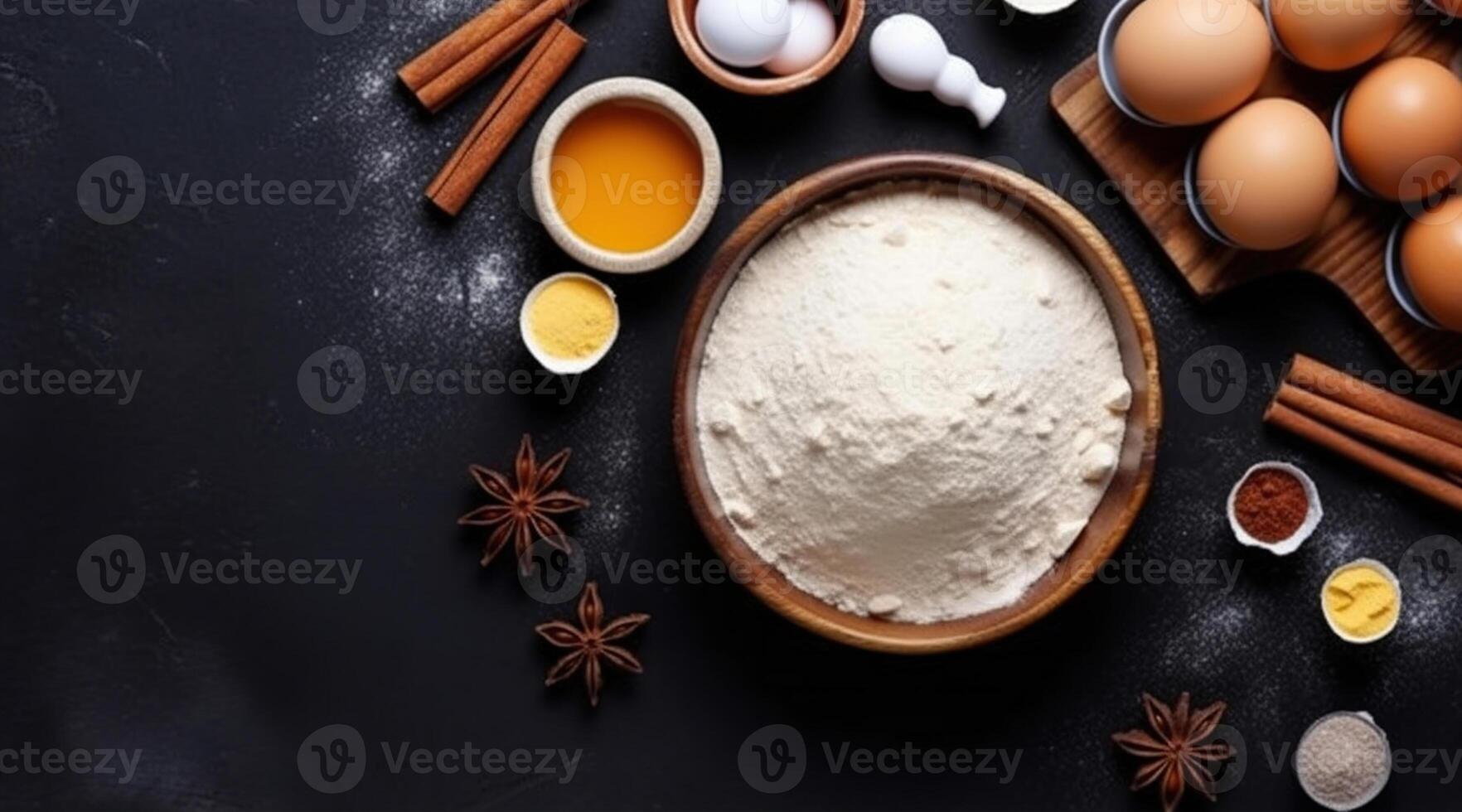 Baking or cooking ingredients, kitchen items for baking cakes. Kitchen  utensils, flour, eggs, almond, cinnamon, butter, sugar, rum. Pastry making  and Stock Photo - Alamy