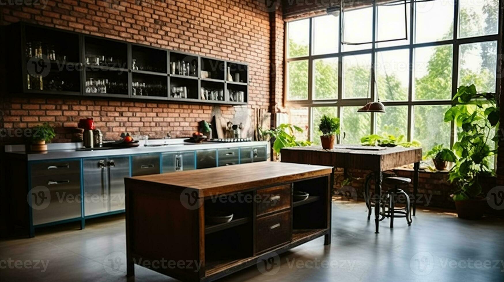 Modern kitchen interior with red brick wall, big window and wooden table. Generative AI photo