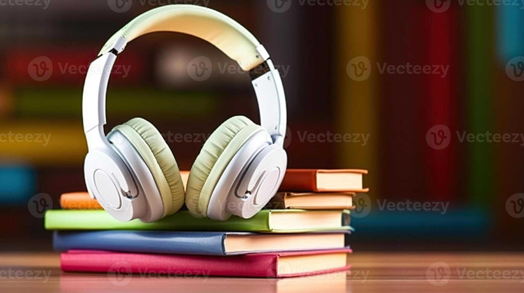 Stacked Hardcover Books with Blank Colorful Covers and Headphones on a Table. photo