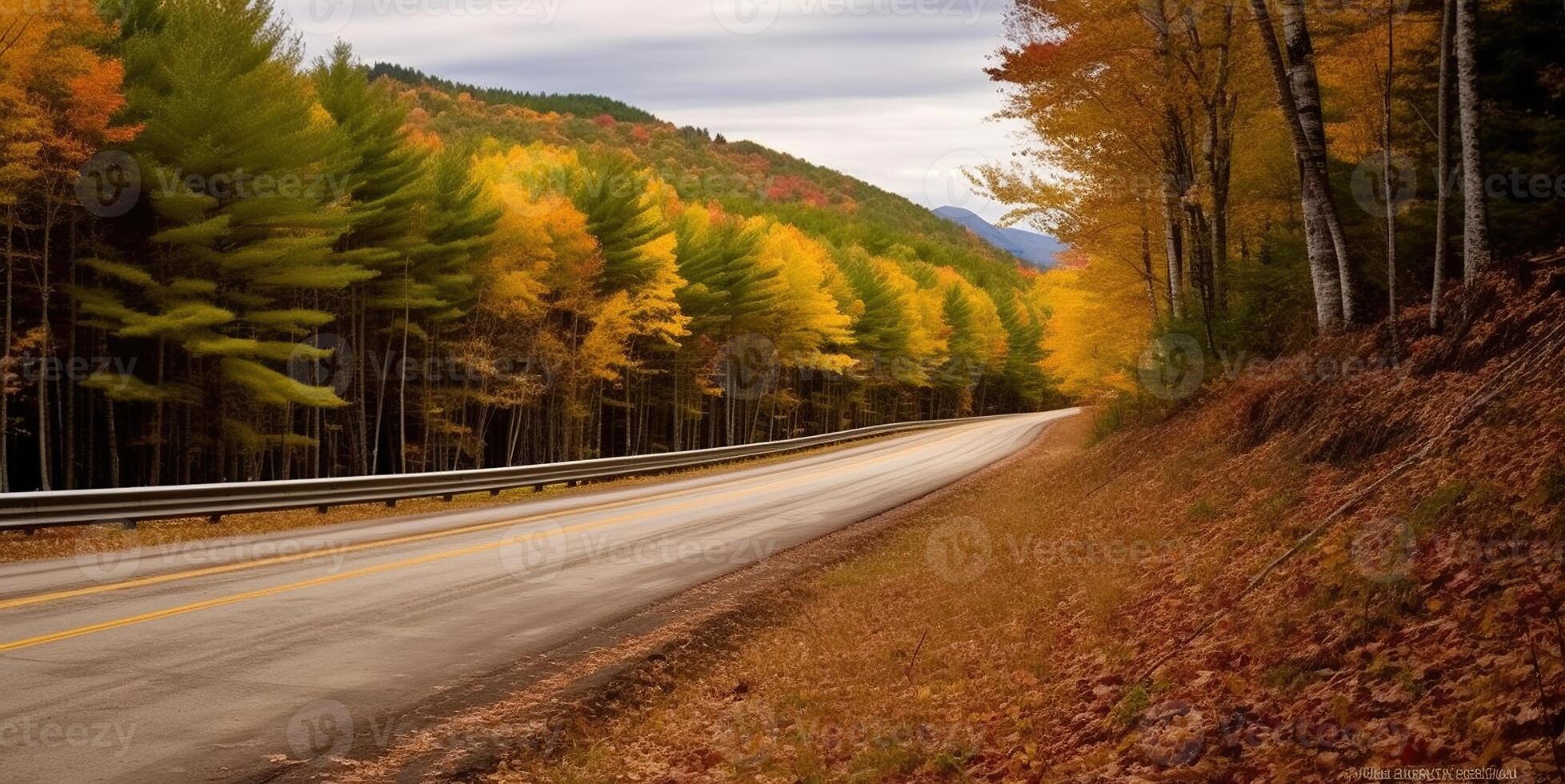 Exploring the Speedway in the Enchanting Autumn Forest. Generative AI photo