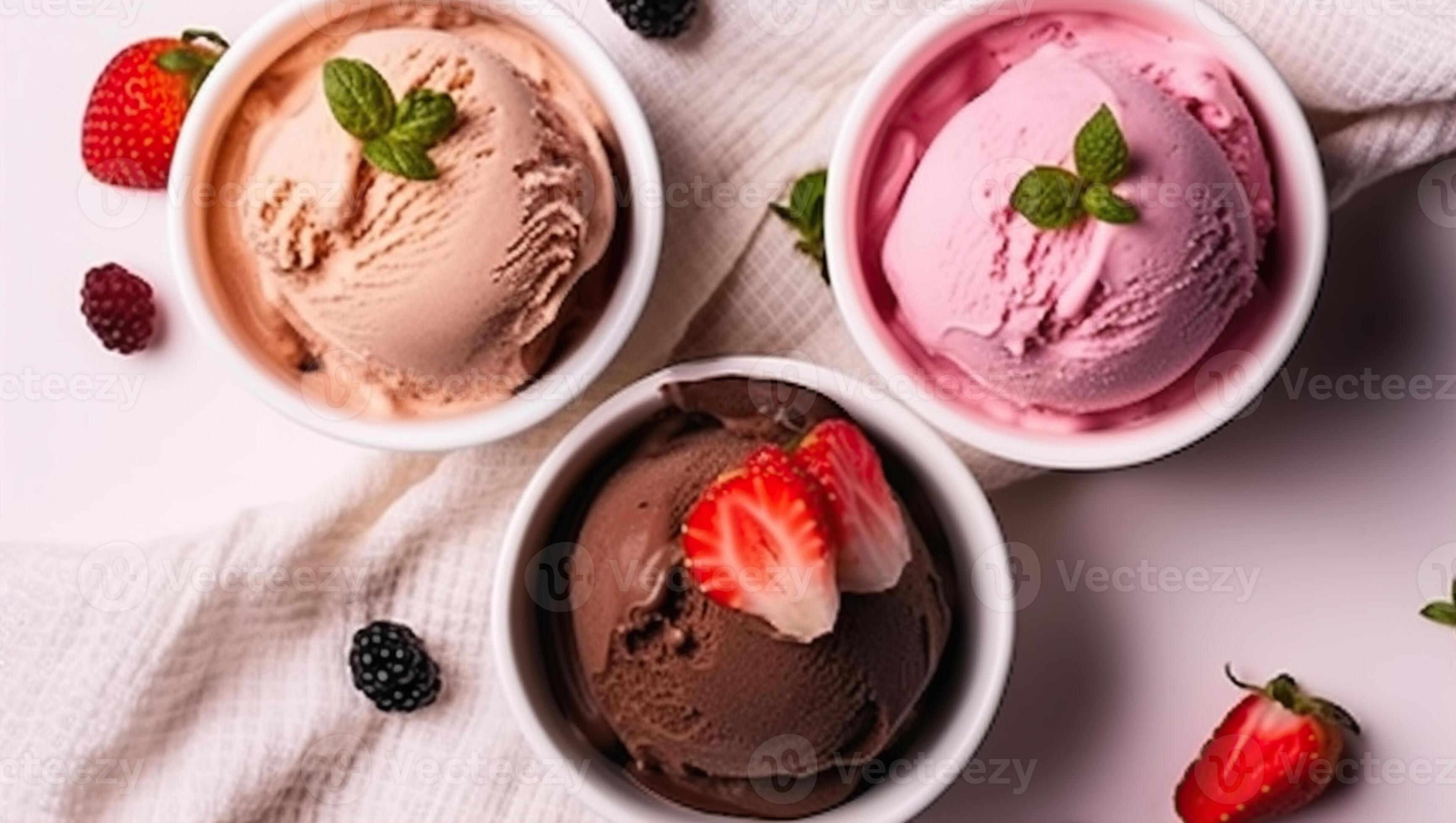 Three Different Ice Cream Dessert in Cup. Top Down View. Brown