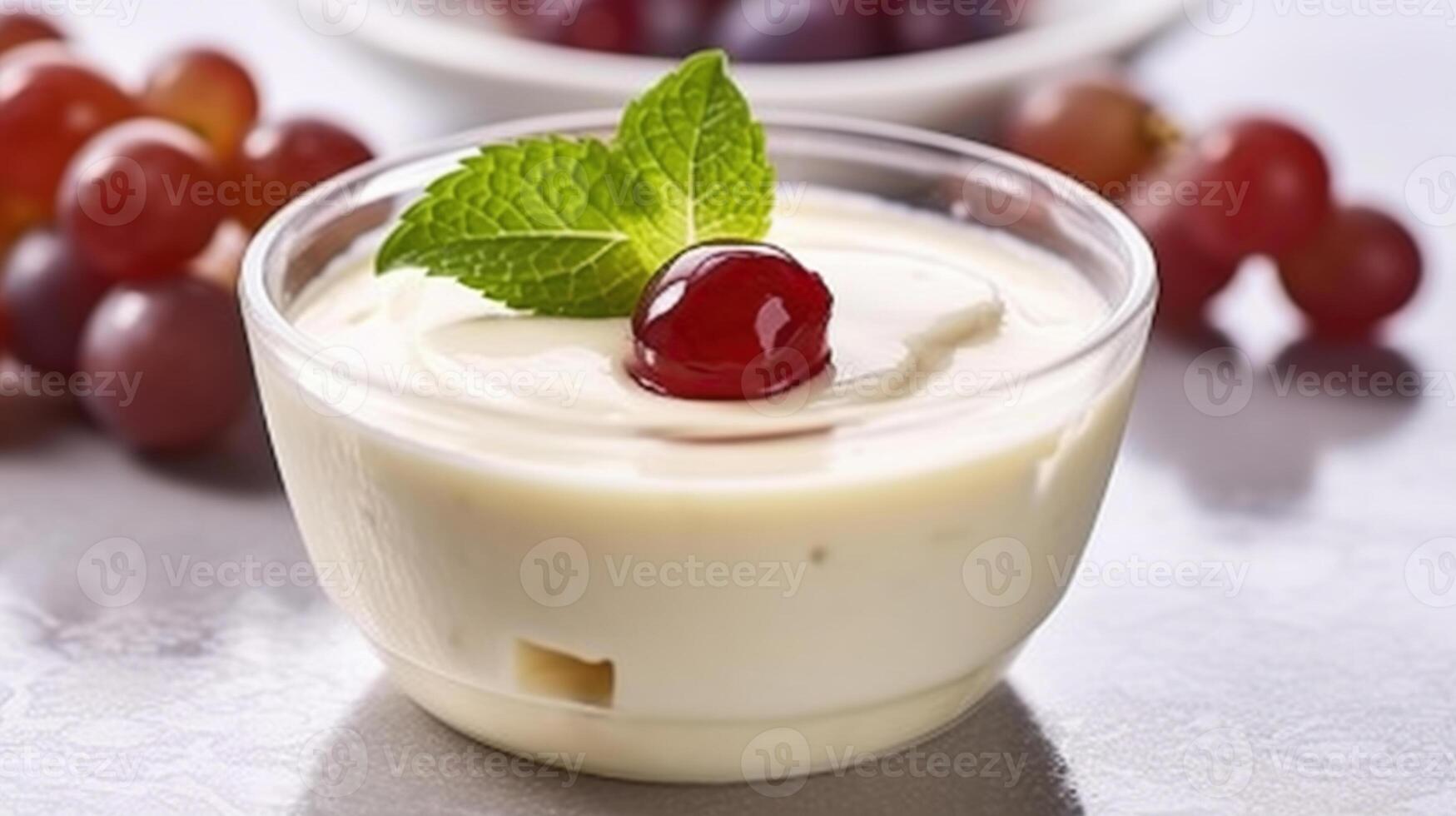 Delicious Vanilla Cooked Cream Yogurt with Fruit Thickened with Gelatin and Molded Decorated Vine Green Leaves. Panakota Sweet Grape Dessert Classic Refreshment. photo