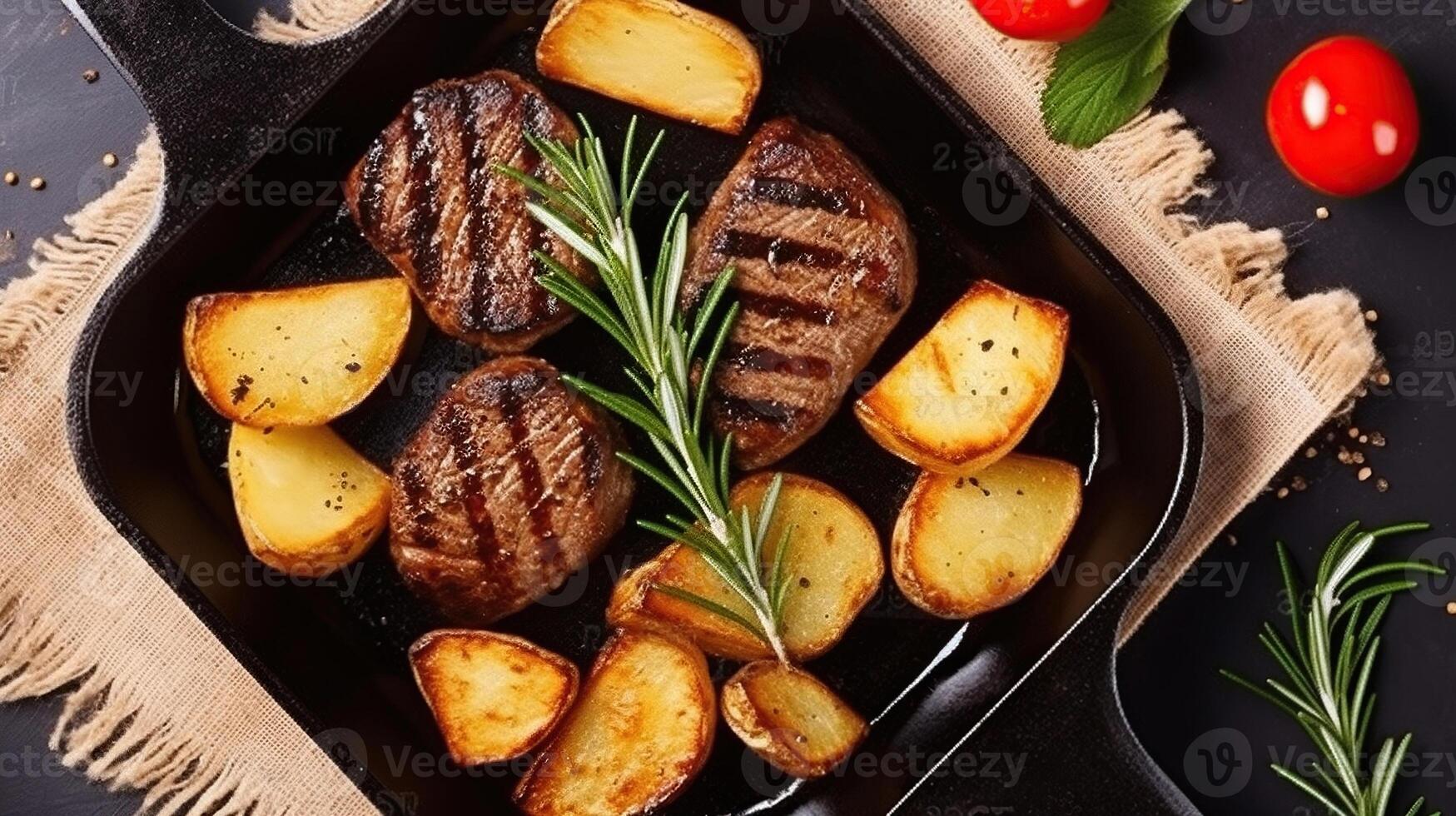 Pork Fillet Fried on Skillet for Dinner with Rosemary, Garlic and Salt. Grill Juicy Meat Top Down View. Generative AI photo