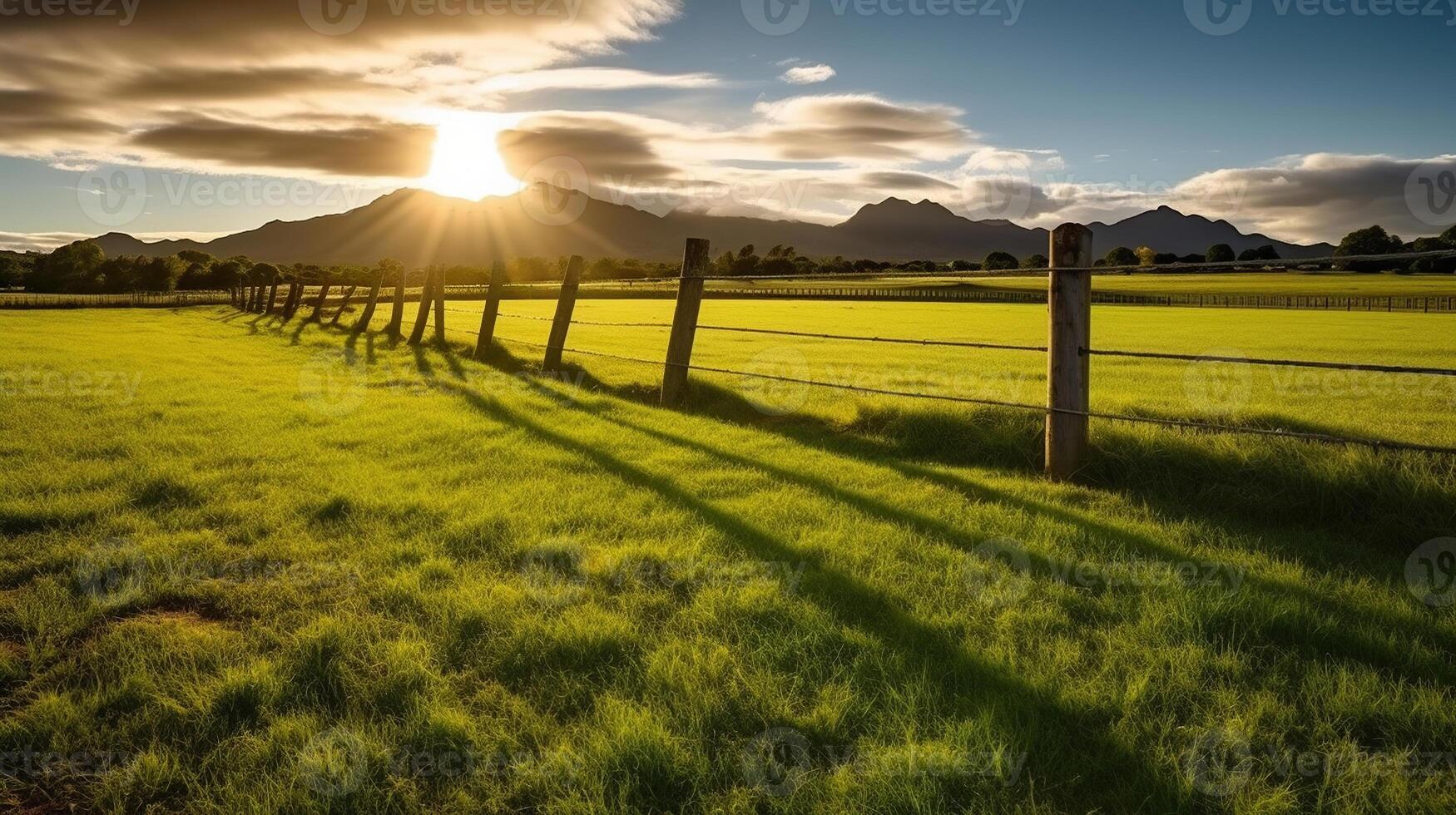 Green grass field, wooden Fence and mountain on horizon at summer morning. American spring sunrise. photo