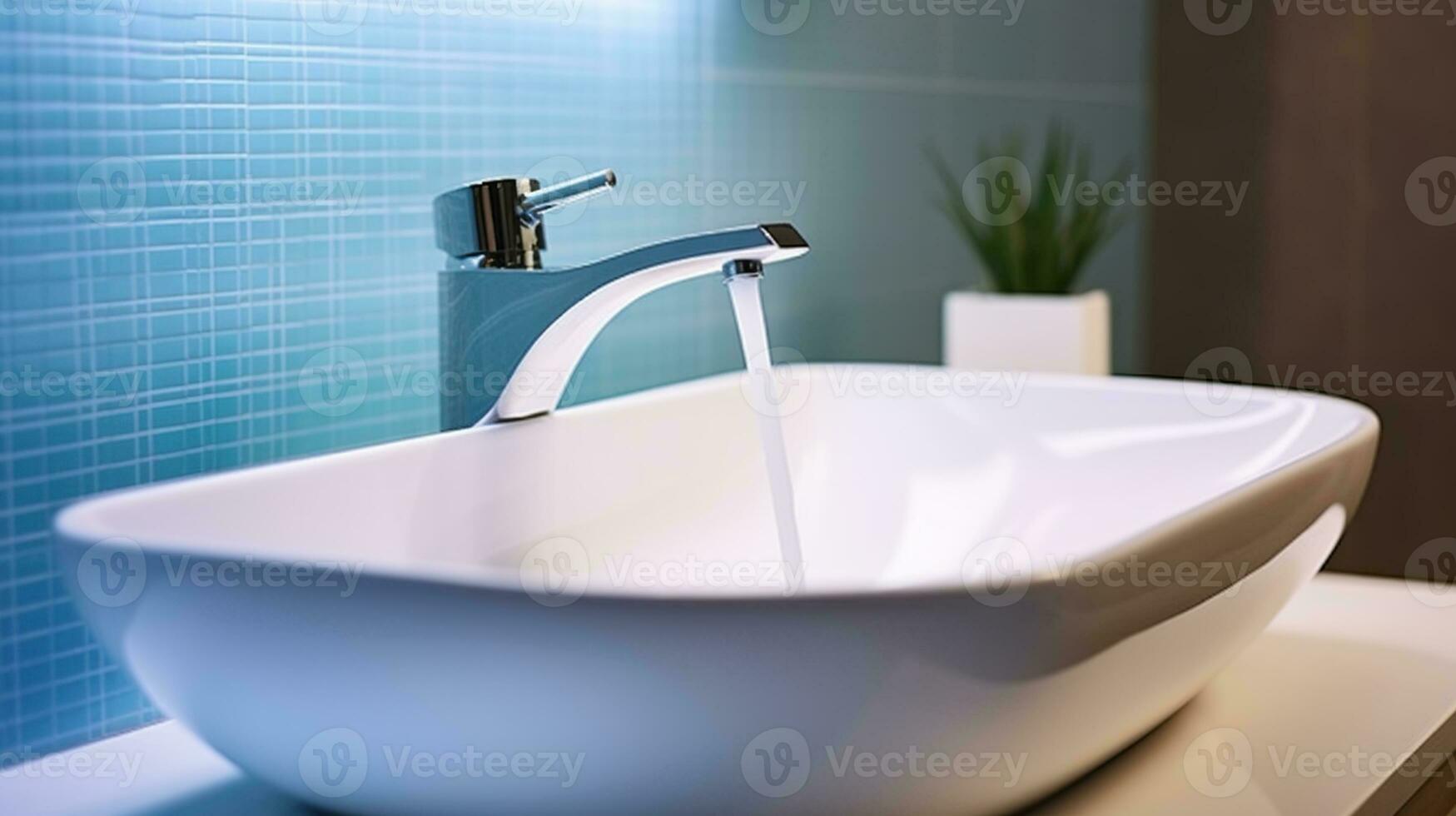 Modern interior bathroom sink with blue mirror backlight. White ceramic washbasin in contemporary minimalism style. Generative AI photo