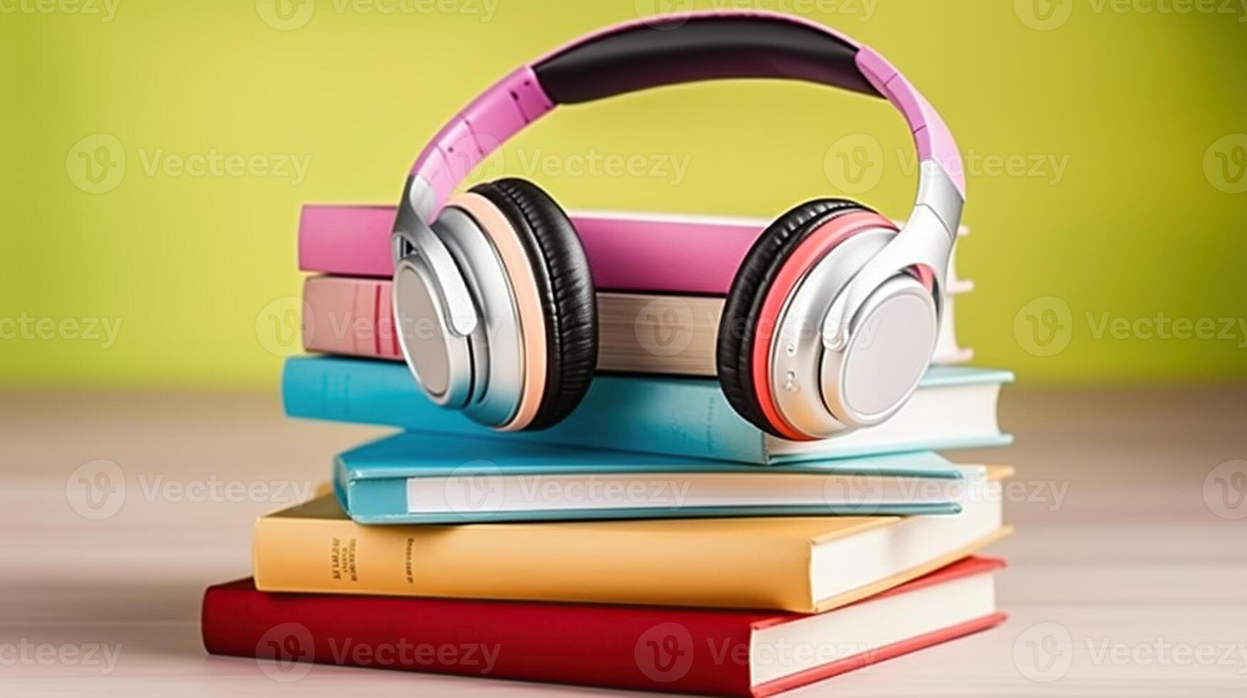 Stack of different color hardcover books with blank colorful covers and white headphones on table. photo
